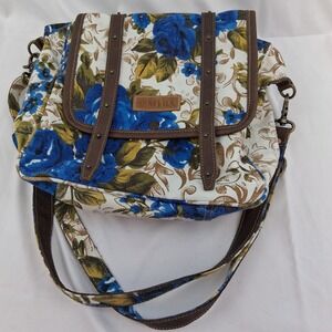 Myra Bag Blue Floral Canvas Leather Crossbody Messenger Handcrafted Bag